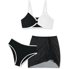 الفتيات Crazyme Swimsuit Color Block Ring Linked Bikini مجموعات مع Cover Up Skirt 3 قطعة فتيات الاستحمام بحجم 7-16 Y