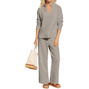 ANRABESS Lounge Sets for Women 2 Piece Outfits Sweatsuit Set Fall V Neck Sweatshirts Wide Leg Pants Tracksuits Khaki Medium