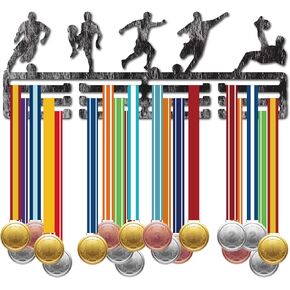 CREATCABIN Football Medals Holder Hangers Medal Display Rack Organizer Metal Soccer Medal Shelf Frame Ribbon Display Hanger Antique Silver Medal Wall Mounted with 12 Hook for Race Athlete 15.7x6Inch