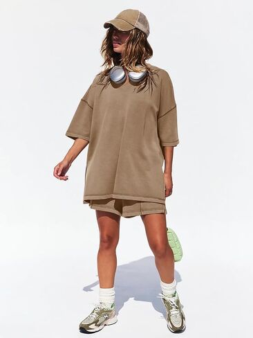 Yousify Womens 2 Piece Sets Summer Outfits 2025 Lounge Set 3/4 Sleeve Oversized Tops And Elastic Waist Shorts With Pockets in Kuwait
