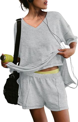 Yousify Womens 2 Piece Sets Summer Outfits 2025 Lounge Set 3/4 Sleeve Oversized Tops And Elastic Waist Shorts With Pockets in Kuwait