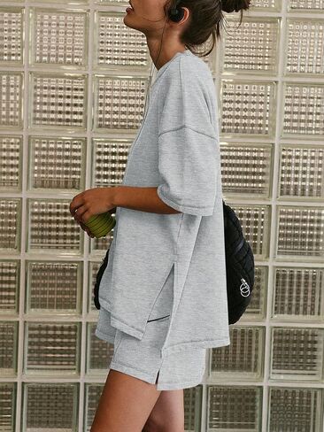Yousify Womens 2 Piece Sets Summer Outfits 2025 Lounge Set 3/4 Sleeve Oversized Tops And Elastic Waist Shorts With Pockets in Kuwait
