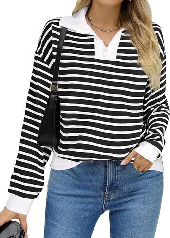 TAKEYAL Womens Half Zip Striped Sweatshirts Quarter Zip Casual Loose Pullover Trendy Tops 2025 Fall Fashion Clothes in Saudi Arabia