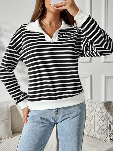 TAKEYAL Womens Half Zip Striped Sweatshirts Quarter Zip Casual Loose Pullover Trendy Tops 2025 Fall Fashion Clothes in Saudi Arabia