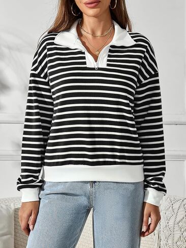 TAKEYAL Womens Half Zip Striped Sweatshirts Quarter Zip Casual Loose Pullover Trendy Tops 2025 Fall Fashion Clothes in Saudi Arabia