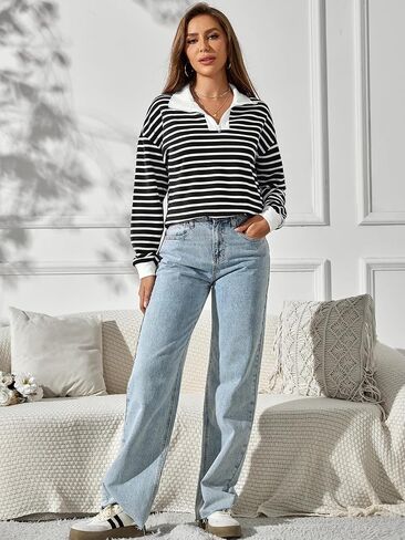 TAKEYAL Womens Half Zip Striped Sweatshirts Quarter Zip Casual Loose Pullover Trendy Tops 2025 Fall Fashion Clothes in Saudi Arabia