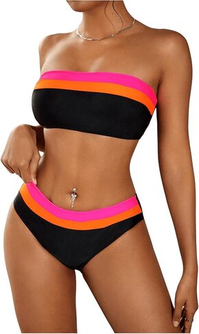 SweatyRocks Women's Strapless Triangle Bikini Set Two Piece Bandeau Swimsuit Color Block Mid Waist Bathing Suits Swimwear in Kuwait