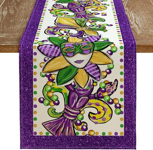 ARKENY Mardi Gras Table Runner 72x13 Inches Fleur De Lis Mask Beads Purple Carnival Table Decor, Burlap Farmhouse Indoor Outdoor Holiday Decoration for Home Party in Kuwait