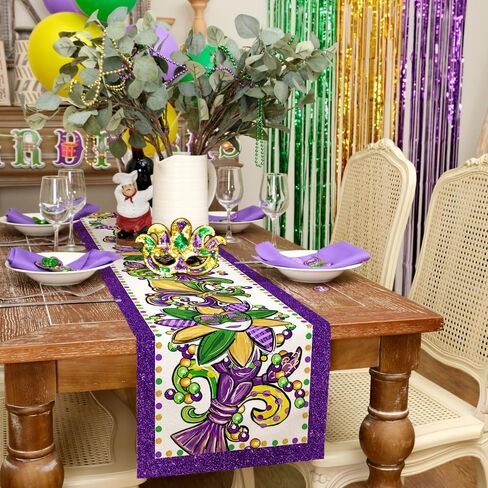 ARKENY Mardi Gras Table Runner 72x13 Inches Fleur De Lis Mask Beads Purple Carnival Table Decor, Burlap Farmhouse Indoor Outdoor Holiday Decoration for Home Party in Kuwait