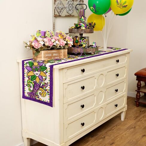 ARKENY Mardi Gras Table Runner 72x13 Inches Fleur De Lis Mask Beads Purple Carnival Table Decor, Burlap Farmhouse Indoor Outdoor Holiday Decoration for Home Party in Kuwait