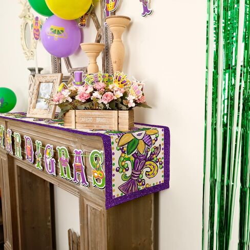 ARKENY Mardi Gras Table Runner 72x13 Inches Fleur De Lis Mask Beads Purple Carnival Table Decor, Burlap Farmhouse Indoor Outdoor Holiday Decoration for Home Party in Kuwait