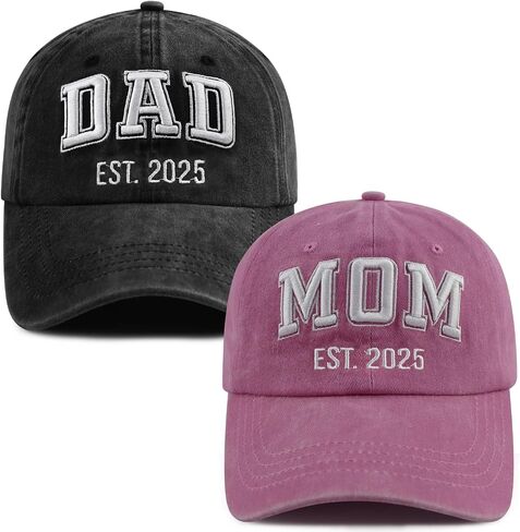 SHANVANKE 2PCS Dad and Mom EST 2025 Hats for Men Women, Funny Adjustable Cotton 3D Embroidered New Parents Gifts Baseball Cap in Kuwait