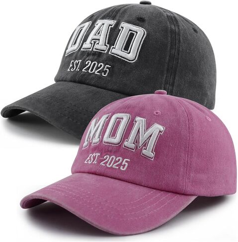 SHANVANKE 2PCS Dad and Mom EST 2025 Hats for Men Women, Funny Adjustable Cotton 3D Embroidered New Parents Gifts Baseball Cap in Kuwait