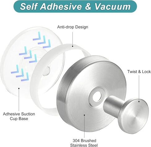 Suction Cup Hooks for Bathroom and Shower - Brushed Nickel Adhesive Hooks for Towel, Loofah - Removable Hooks for Kitchen, Glass, Mirror, Door, Tile - Ideal for Coat, Wreath, Hanging Needs (Pack of 2) in Kuwait