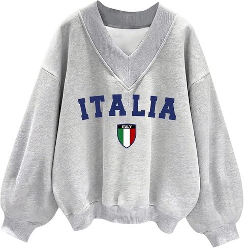 WDIRARA Women's V Neck Letter Graphic Oversized Sweatshirt Long Sleeve Drop Shoulder Pullover Top in Saudi Arabia