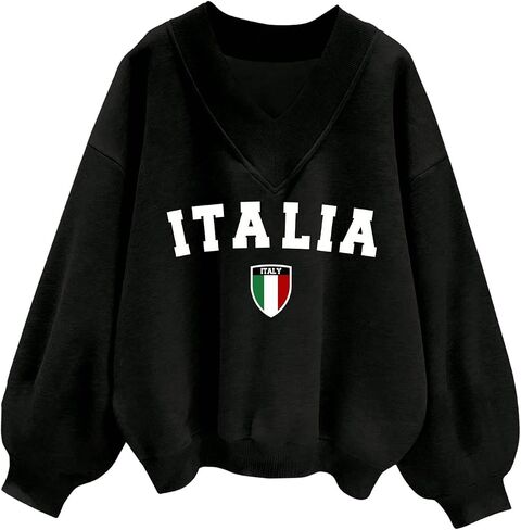WDIRARA Women's V Neck Letter Graphic Oversized Sweatshirt Long Sleeve Drop Shoulder Pullover Top in Saudi Arabia
