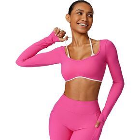ABOCIW WOMENS تجريب المحصول أعلى الرسن طويل الأكمام الرياضية حمالة الصدر منخفضة المتوسطة التأثير اليوغا أعلى القمصان مع بنيت في حمالة الصدر