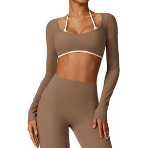 ABOCIW Womens Workout Crop Top Halter Long Sleeve Sports Bra Low Medium Impact Yoga Top T Shirts with Built in Bra