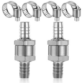 2Pcs 3/8" 10mm Aluminium Silver Non Return One Way Check Valve with 4Pcs 6-12mm, Fuel Line Check Valve, Universal Adjustable Hose Clamps for Fuel Line Oil Petrol Diesel Water Aluminium Silve