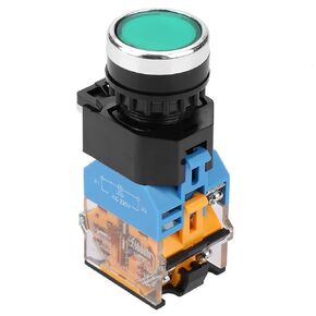 LED Light Reset Button Switch, 22mm Flat Head Green Push Button Momentary Switch, 220V/10A ON Off 2 Pin