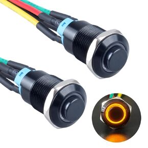 2Pcs 12mm Raised Head Metal Latching Push Button Switch Black Shell with 15cm Pre-soldered Cable 1NO 12V-24V ON-Off for 1/2" Mounting Hole Halo Ring LED Lighted (Orange)
