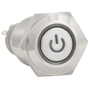 JacobsParts Momentary Pushbutton Starter Switch Circular Metal Silver with White Power Symbol LED Suitable for 5/8" (16mm) Diameter Panel Cutout Hole