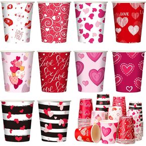 Fulmoon 100 Pcs Valentine's Day Disposable Cups 9 oz Hearts Paper Coffee Cups Valentines Red Pink Beverage Favor for Hot Tea Chocolate Coffee Bar Accessories