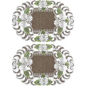 Embroidered White Daisy with Green Leaves on Brown Linen Placemats, Doily *Set of 2* (10.5Wx16.5L)