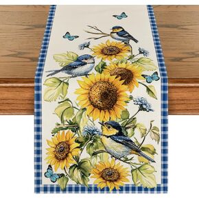 Artoid Mode Buffalo Plaid Bird Butterfly Sunflower Spring Table Runner, Seasonal Summer Kitchen Dining Table Decoration for Home Party Decor 13x72 Inch
