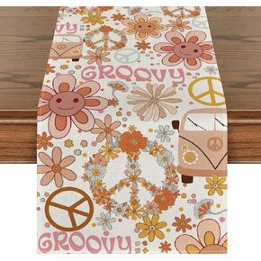 Artoid Mode Hippie Daisy Flower Peace and Love Table Runner, Wreath Float Groovy Kitchen Dining Table Decoration for Outdoor Home Party 13x72 Inch