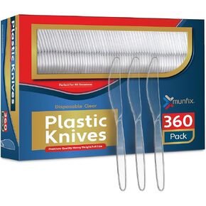 Munfix 360 Count Clear Plastic Knives Heavy Duty, Premium Disposable Knives, Heat Resistant and BPA Free Plastic Silverware Utensils, Durable Plastic Cutlery Set for Parties, Picnics, Events