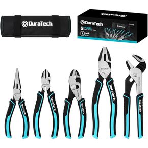DURATECH 5-Piece Cr-Ni Pliers Set, 6" Long Nose, Slip Joint, Diagonal Cutting, 8" Linesman, Groove Joint Pliers, Easy Storage Oxford Rolling Pouch