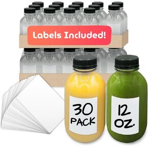 Reli. Plastic Juice Bottles [30 Pack Bulk, 12 oz] Round Plastic Juice Bottles with Caps & Sticker Labels | Clear, Empty for Juicing 12oz | Disposable, Reusable Containers for Juicing, Smoothies