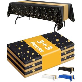 Graduation Decorations Table Cloth for Rectangle Table and Table Runner Set - 3+3 Pack, Plastic Table Cloth Disposable, Black and Gold Tablecloth for Birthday, Wedding, Baby Shower, Christmas
