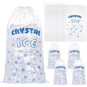 Honoson 100 Pcs 8 lb Plastic Ice Storage Bag with Cotton Drawstring Closure for BBQs, Camping, Food Stalls Refillable Clear Ice Pouch Bags for Freezer Takeaway(Snowflake)