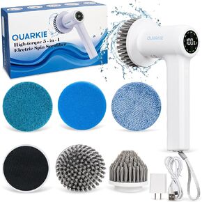 QUARKIE Electric Spin Scrubber, Handheld Cordless Shower Scrubber with 5 Replaceable Heads and LED Display, Dual Speed Waterproof Power Scrubber Spin Brush for Bathtub Floor Tiles, USB C Rechargeable