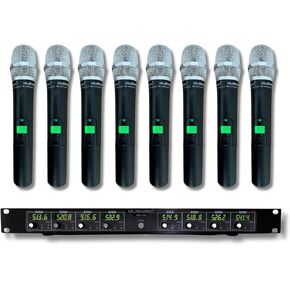 MUSYSIC 8-Channel Professional Wireless UHF Microphone System, 300ft Range Fixed Frequency Dynamic Handheld Microphones for Singing, Karaoke, Church, DJ (Frequency Set 2)