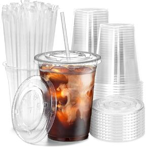 Fit Meal Prep 100 Pack 16 oz Plastic Iced Coffee Cups with Flat Lids and Clear Straws, Disposable Clear Cup, BPA Free Cup for Party, Smoothie, Cold Drinks, Juice, Milkshake, Bubble Boba, Tea