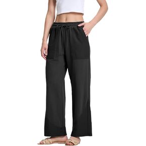 Womens Wide Leg Pants Casual Elastic Drawstring Waist Palazzo Pants with Pockets Lounge Pants Sweatpants