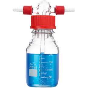 500mL Lab Gas Washing Bottle Glass, Lab Buffer Bottle, GL45 Red Screw Cap PTFE GL14 Hose Connection, Lab Glassware Kit, Borosilicate Glass