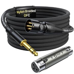 XLR Male to 1/4 Cable with XLR Female to Female Adapter Bundle, Rean Connectors from Neutrik, Kevlar-Reinforced Nylon Braided TRS to XLR Cable, Balanced Quarter Inch to XLR Male Cable, 6ft, OFC