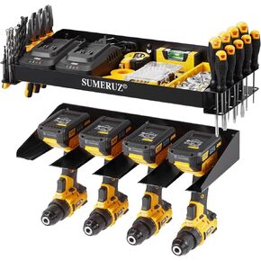 Power Tool Organizer Holder - Wall Mount Heavy Duty Utility Storage Rack, Drill Rack with Tool Shelf and Side Racks,for Power Tools, Drill Bits, Pliers, Screwdrivers in Garage, Workshop, Shed