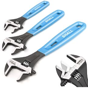 SHALL 3-Piece Adjustable Wrench Set, 10/8/6 Inch Cr-V Steel Wrench with Cushion Grip, Wide Jaw Black Oxide Wrench with Laser-etched SAE Scales for Home, Garage, Workshop and DIY