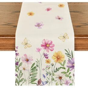 Artoid Mode Flowers Butterfly Spring Table Runner, Seasonal Summer Kitchen Dining Table Decoration for Home Party Decor 13x72 Inch