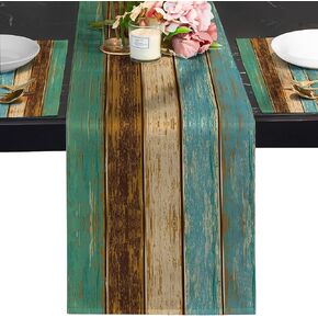 Farmhouse Table Runners 72 Inches Long, Wood Grain Spring Table Runner Old Barn Wood Blue Brown Kitchen Heat Resistant Table Decor for Kitchen Dining Room Coffee Table