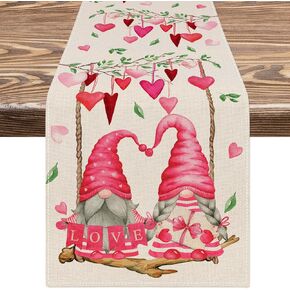 AnyDesign Valentine's Day Table Runner Gnome Swing Heart Table Cloth Decoration Waterproof Table Cover for Wedding Anniversary Supplies, 13 x 72 Inch