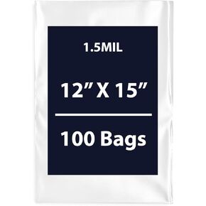 Multiple Sizes Clear Flat Poly Bags, 1.5Mil 12" X 15" & 100 Bags | Low-Density Polyethylene (LDPE), Flat Open Top Plastic Packaging Packing | Flexible and Durable Plastic Bags