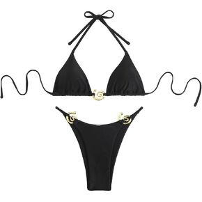 Women's Metal Jewelry Bathing Suit High Waisted Halter Tie Back Swimsuit Bikini Set