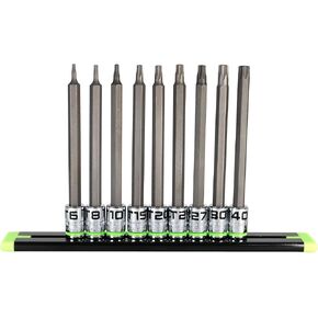 GRIPEDGE Tools | 9-PC 1/4" Drive Long RPT Star Driver Set | Sizes T6 - T40 | Made With S2 Steel | Includes Premium Aluminum Socket Rail |