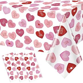 3 Pcs Valentines Day Tablecloth, Pink Love Heart Plastic Table Cover, Valentines Disposable Rectangle Table Cloth for Valentine’s Day Wedding Engagement Anniversary Party Decorations, 54 x 108 Inch
